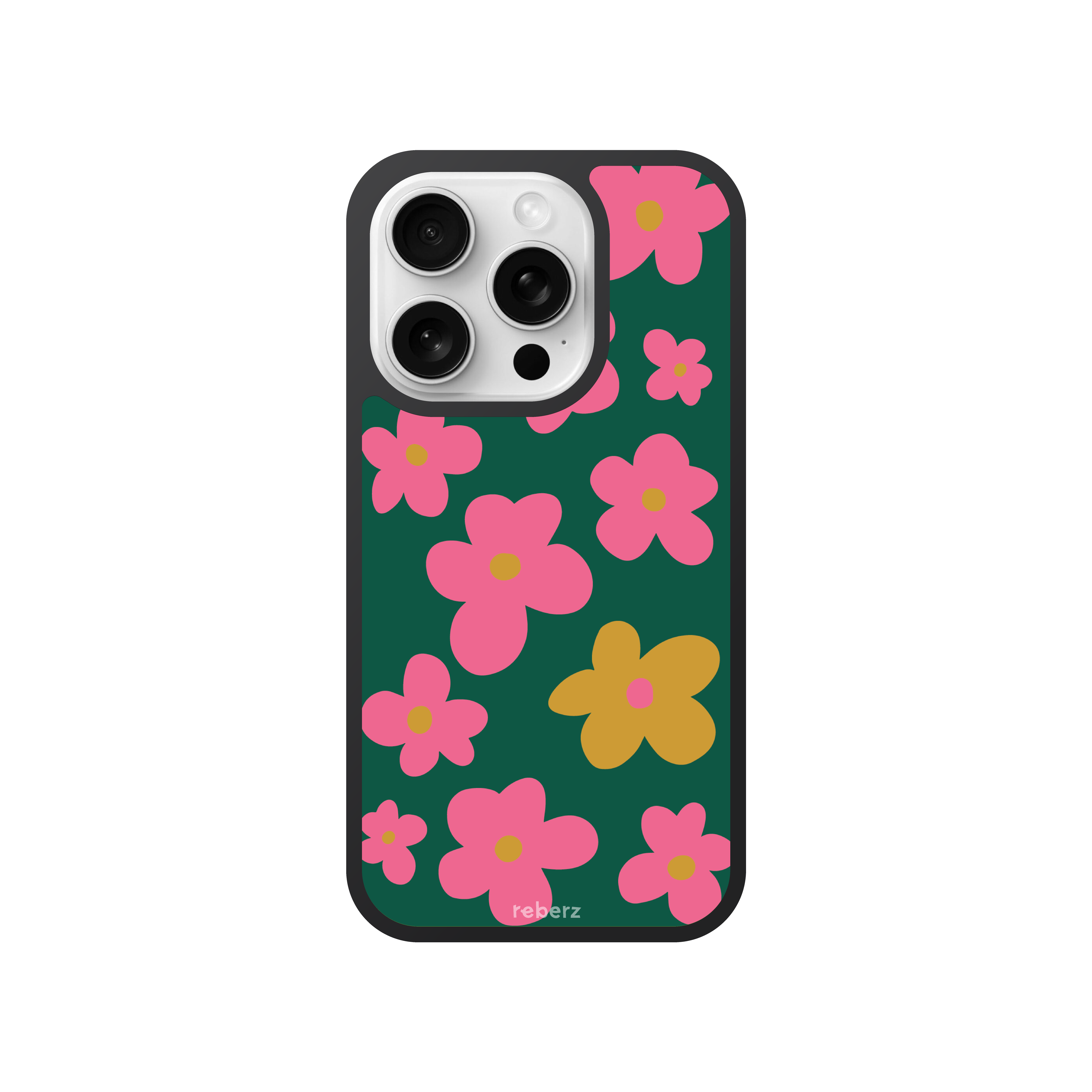 Phone case with pink and yellow flowers on a green background