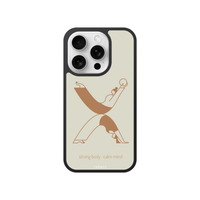 Phone case with a design of a person in a yoga pose and text 'strong body calm mind' on a beige background